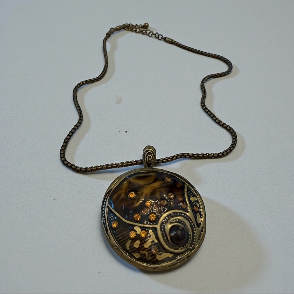 Vintage Handmade Artistic Copper & Amber Look Rhinestone Medallion Necklace